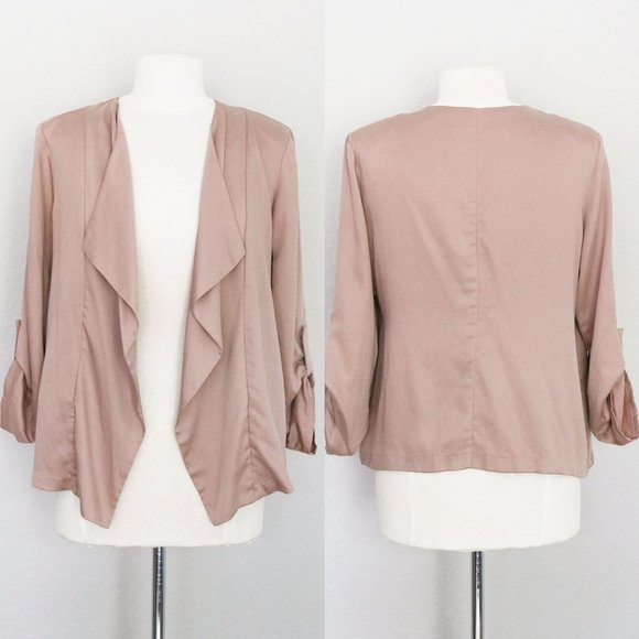 ASTR The Label Drape Open Front Blazer Jacket S Roll Tab Long Sleeves Taupe Nude - Picture 1 of 13